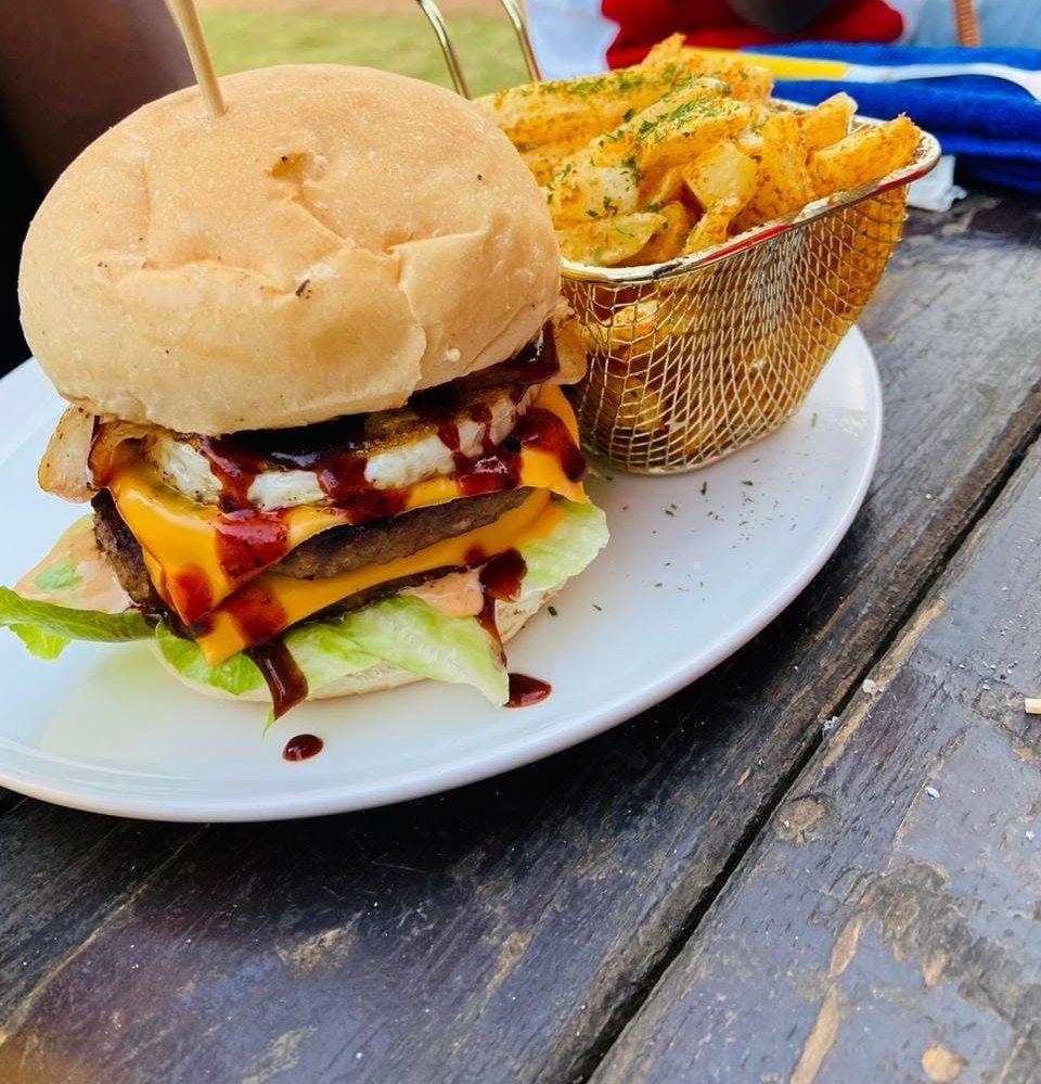 Chicken Bar burger and fries